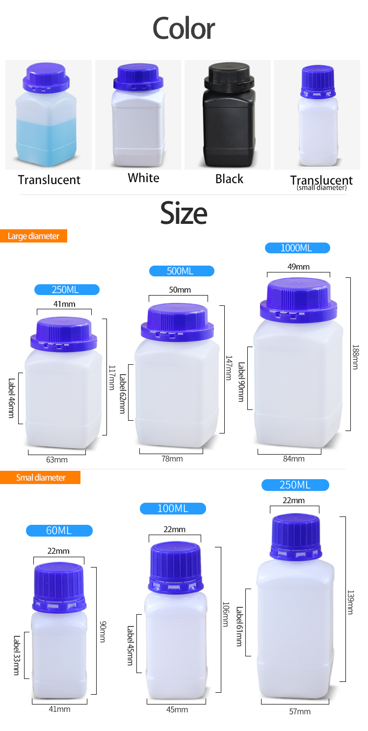 60ml 100ml 250ml 500ml 1000ml HDPE Empty Water Spice Shake Square Plastic Bottle