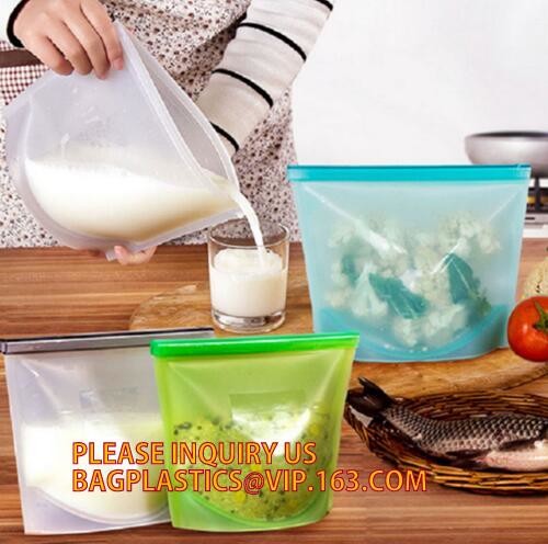 Storage preservation reusable silicone food bag,FDA reusable silicone storage food bag with Zip lockk in microwave bagease