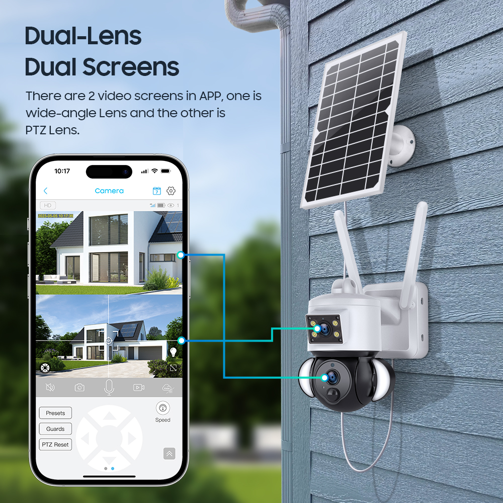 6MP Dual Lens Floodlight Solar Battery Camera with Built-in Battery and GC2063 Sensor