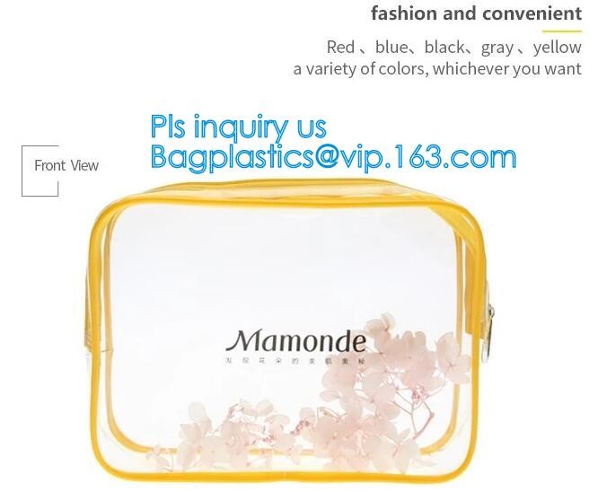 Trendy transparent PVC makeup bag with nylon handle, pvc hanging travel cosmetic makeup zipper bag, travel makeup organi
