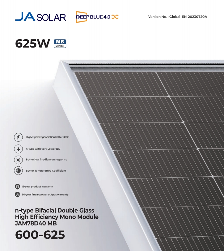 156 Cells Mbb 600W N-type Bifacial JA Solar Panels with 12AWG Cable in Eu Warehouse