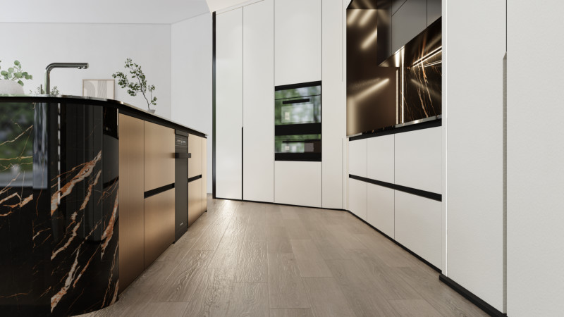 Luxury SS Modern Kitchen Cabinet With Multifunctional Curved Metallic Gold Island