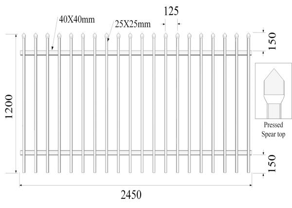 Top Crimped PRESSED Spear 25mmx25mm Picket 2 rails SHS40mm H1200mmxW2450mm