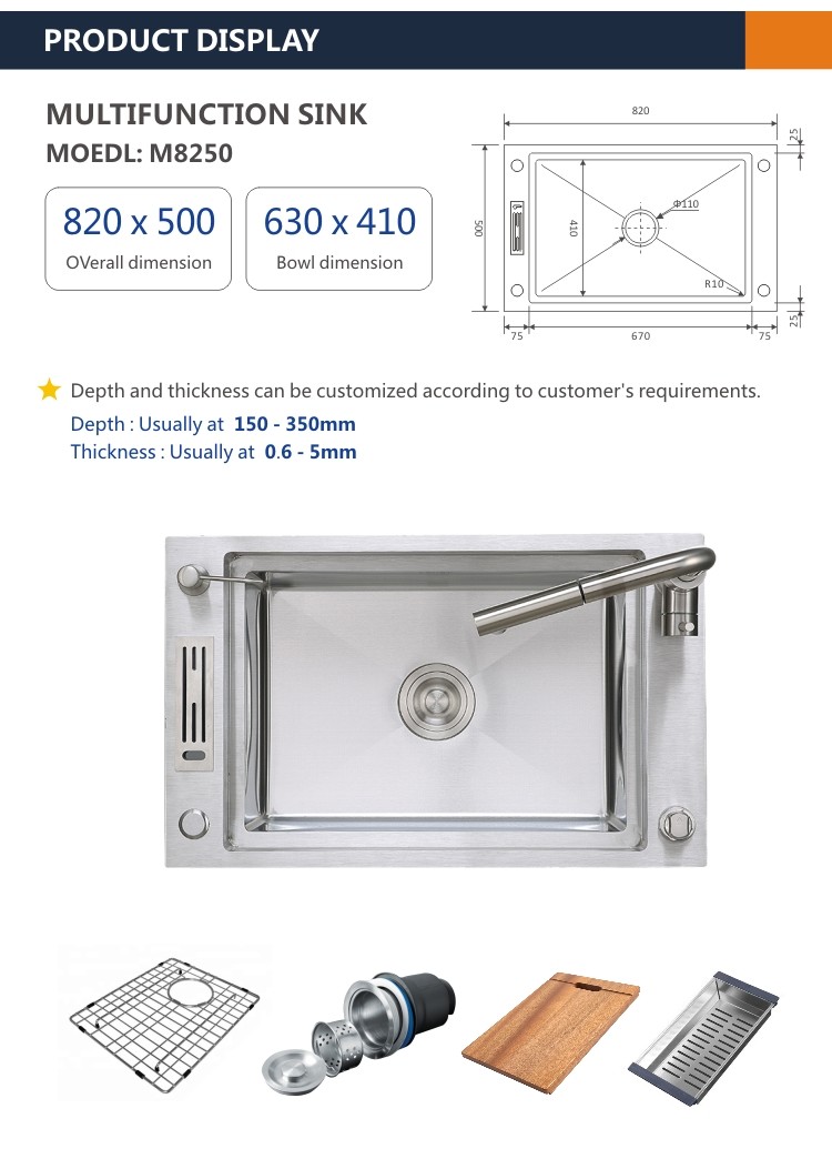 Single Bowl Apron Multifunction Sink 33' Topmount 16 Gauge Knife Holder 82x50