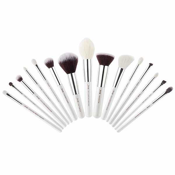 White / Silver 15pcs Essential Makeup Brushes Natural Hair Wood Handle