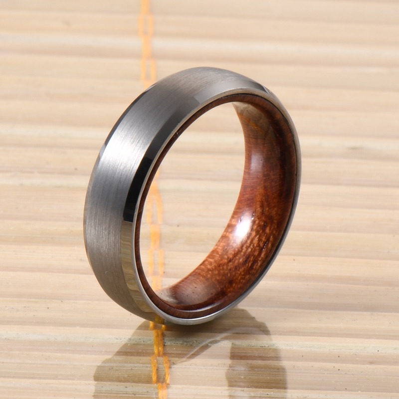 Geometric Pattern Tungsten Wedding Band for Men and Women 6mm Rose Wood Inner Ring in Beveled or Offest Grooved Styles