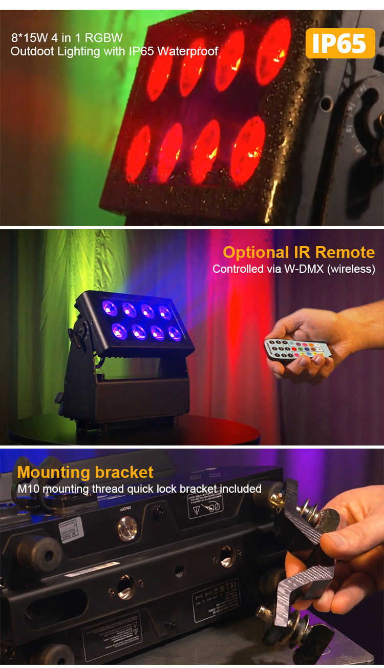 Waterproof Battery Powered City Color Wash lighting Projector 8X15W RGBW leds DMX512 Control led stage lights