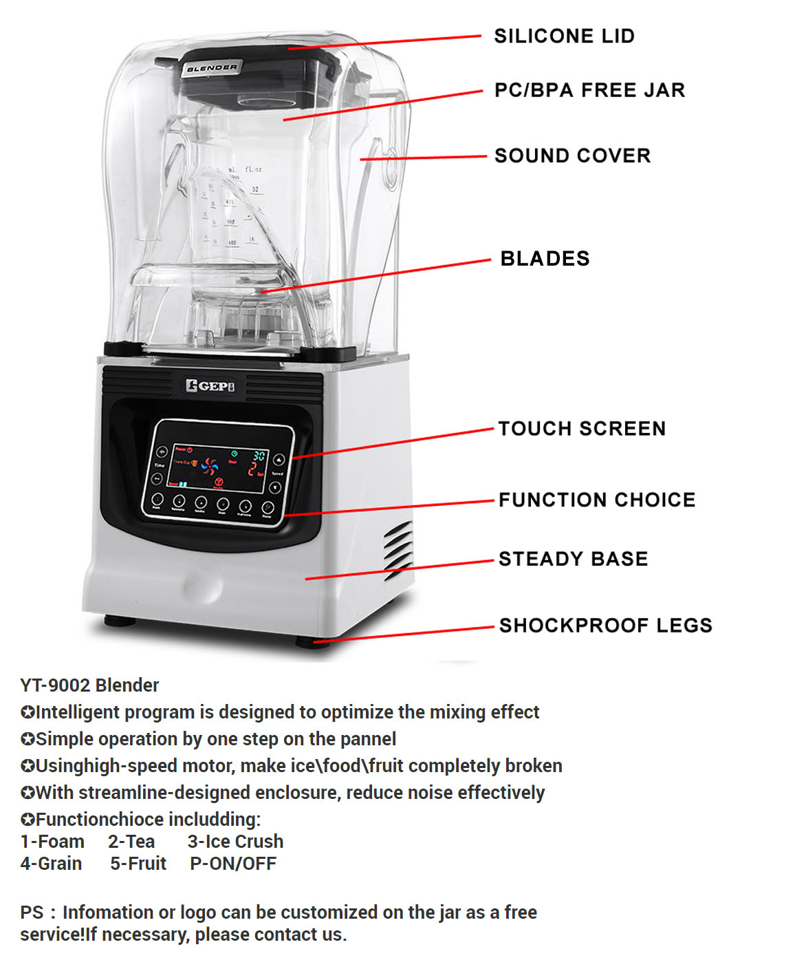 1800W Commercial Electric Fruit Stainless Steel Smoothie Maker Mixer with Private Mold