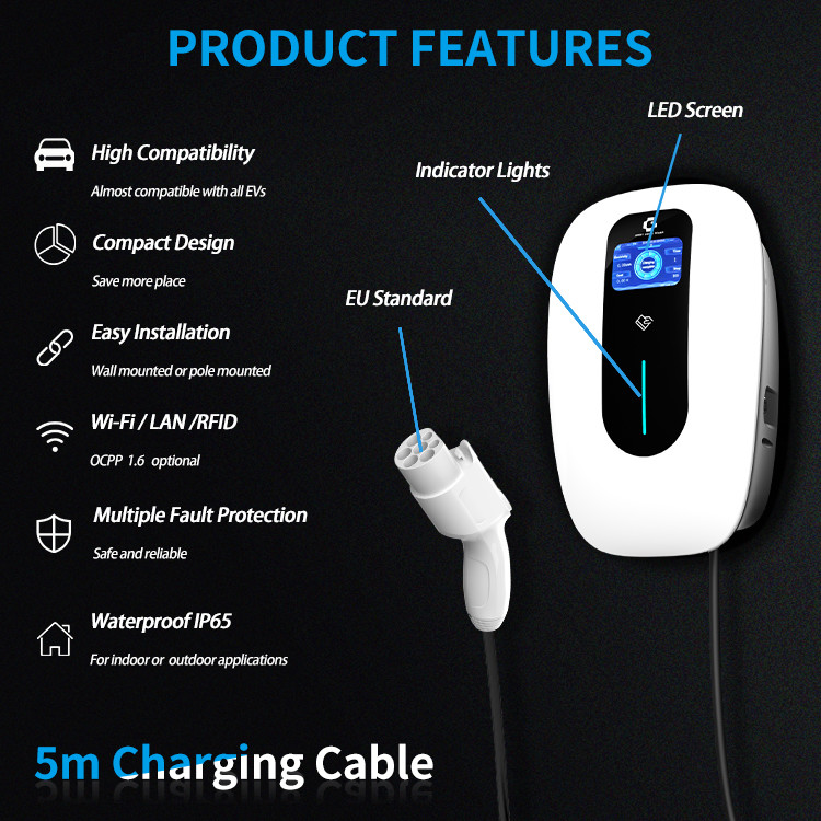 3 Phase EV 7kw Home Charger Wallbox Charging Station With Wifi And APP