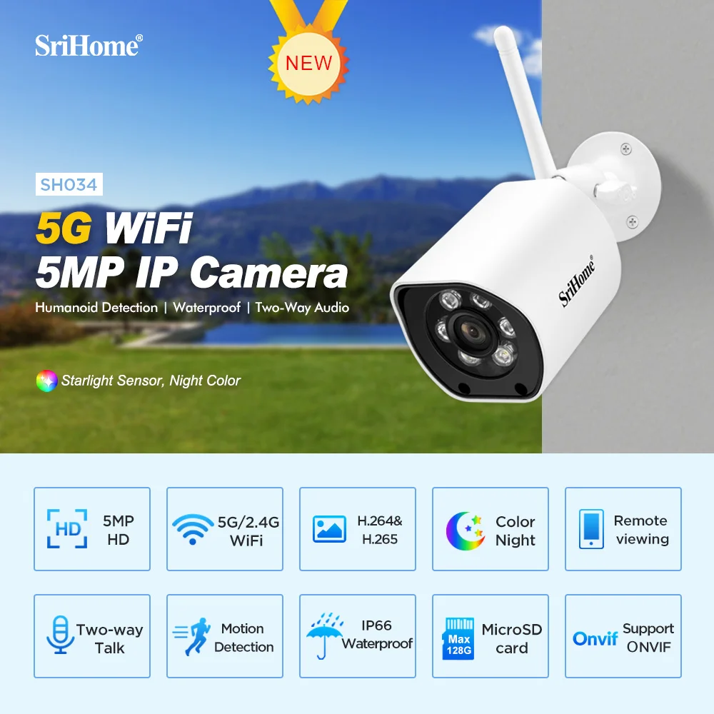 5MP Full-Color Night Vision Two-Way Audio Camera 5G WiFi Outdoor Waterproof Security IP Camera