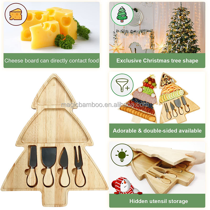 Unique Irregular Christmas Tree Charcuterie Board Set And Knives Made of Solid Bamboo