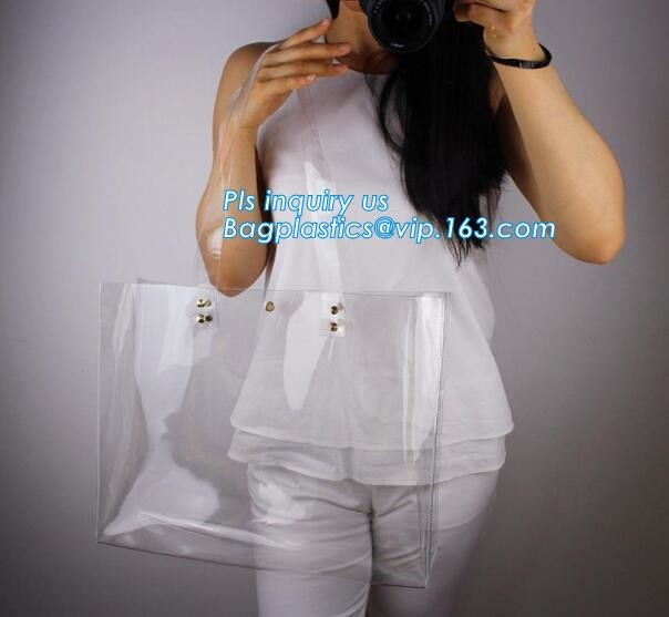 patch handle pe die cut large clear plastic bags with your own logo, pvc tote bag with leather handles tote bag PVC hand