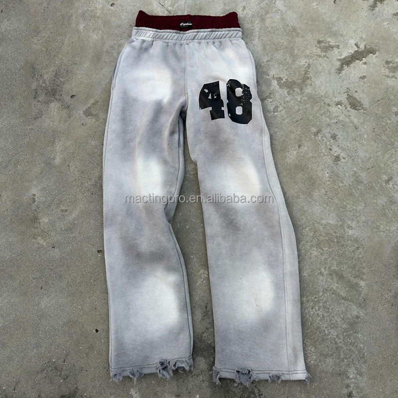 Customized Man Streetwear Distressed Acid Wash Flared Sweat Pants Men Baggy Double Waisted Sweatpants