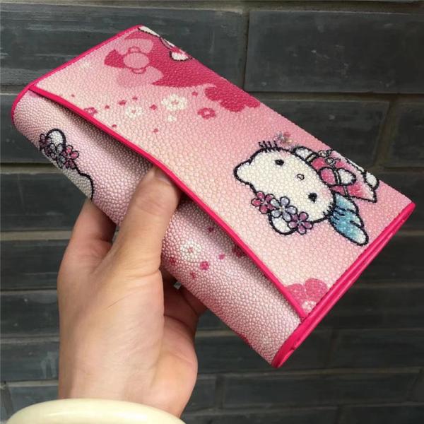 Cute Authentic Stingray Skin Lady Long Kitty Cat Trifold Wallet Genuine Leather