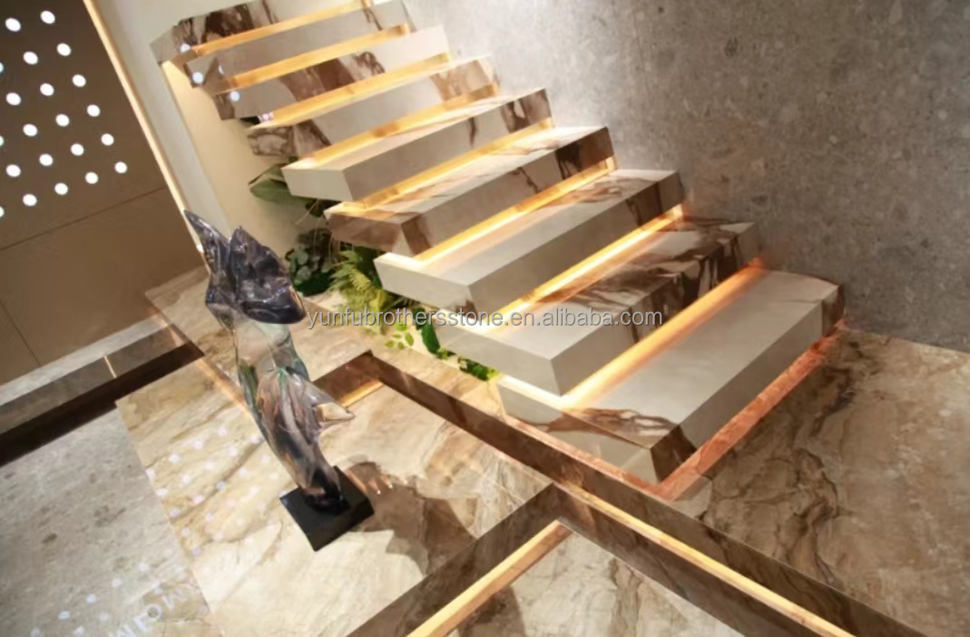 Glossy Anti Slip Artificial Stone Stairs Tiles for Indoor Straight Stair Modern Design