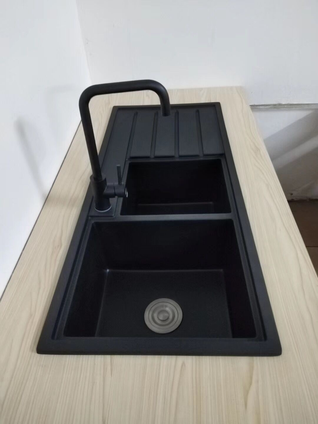 black double bowl granite inset sink /composite quartz sink with drainboard