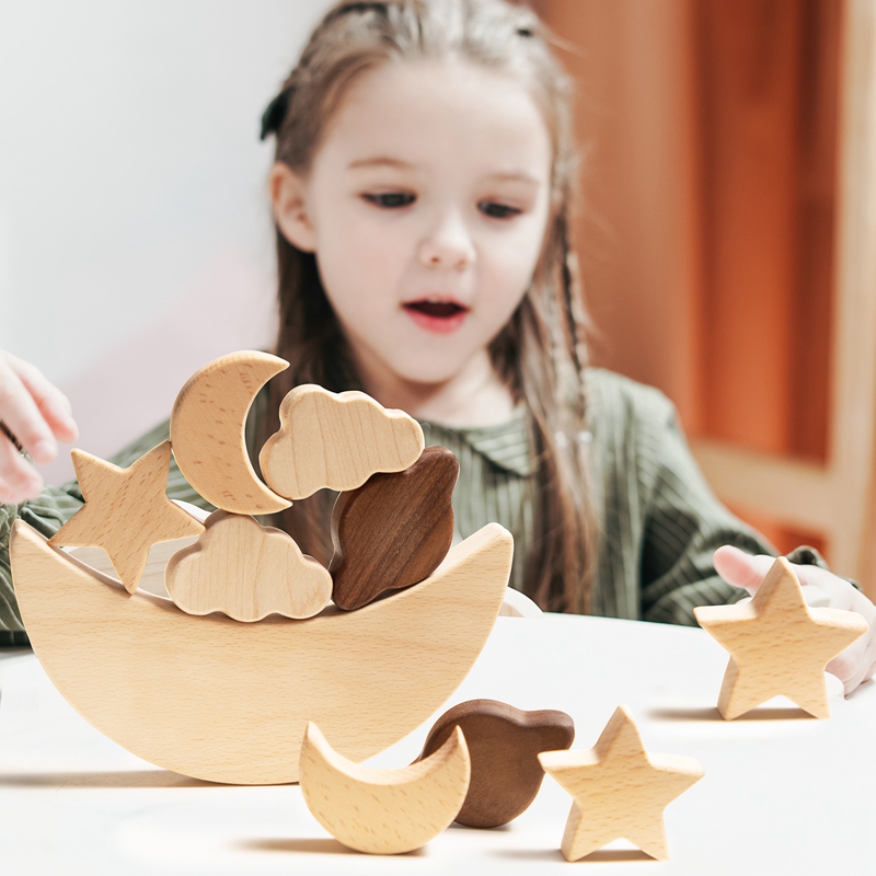 Montessori Children's Educational Toys Wooden Blocks Stars Moon Stacked Blocks Wooden Toy Diy Baby Balance Training Cons