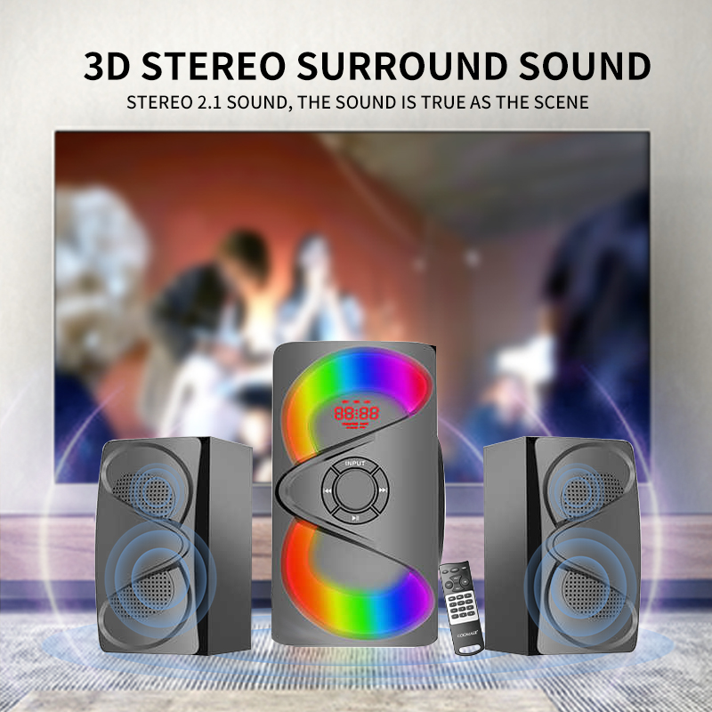 USB/SD/FM/BT/Remote Control Speaker Active Surround Audio Subwoofer with LED Light and Wood Design
