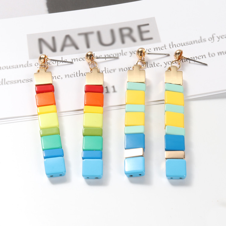 Square Tila Beads Enamel Hoop Earrings , 70cm Hanging Beaded Earrings