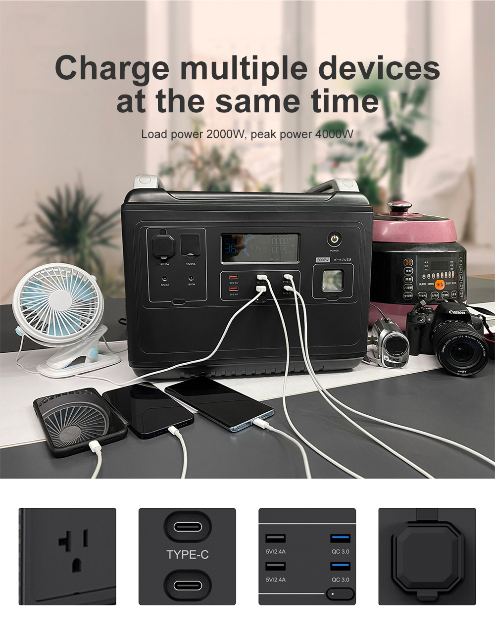 Battery Lithium Portable Power Station For Refrigerator Tv 2000Wh Wireless Charger