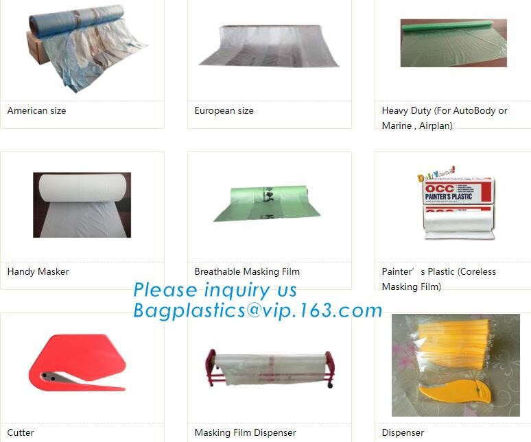 Disposable PE pre-taped self static cling masking film, Cover mask plastic drop film PE protection film with tape, BAGEA