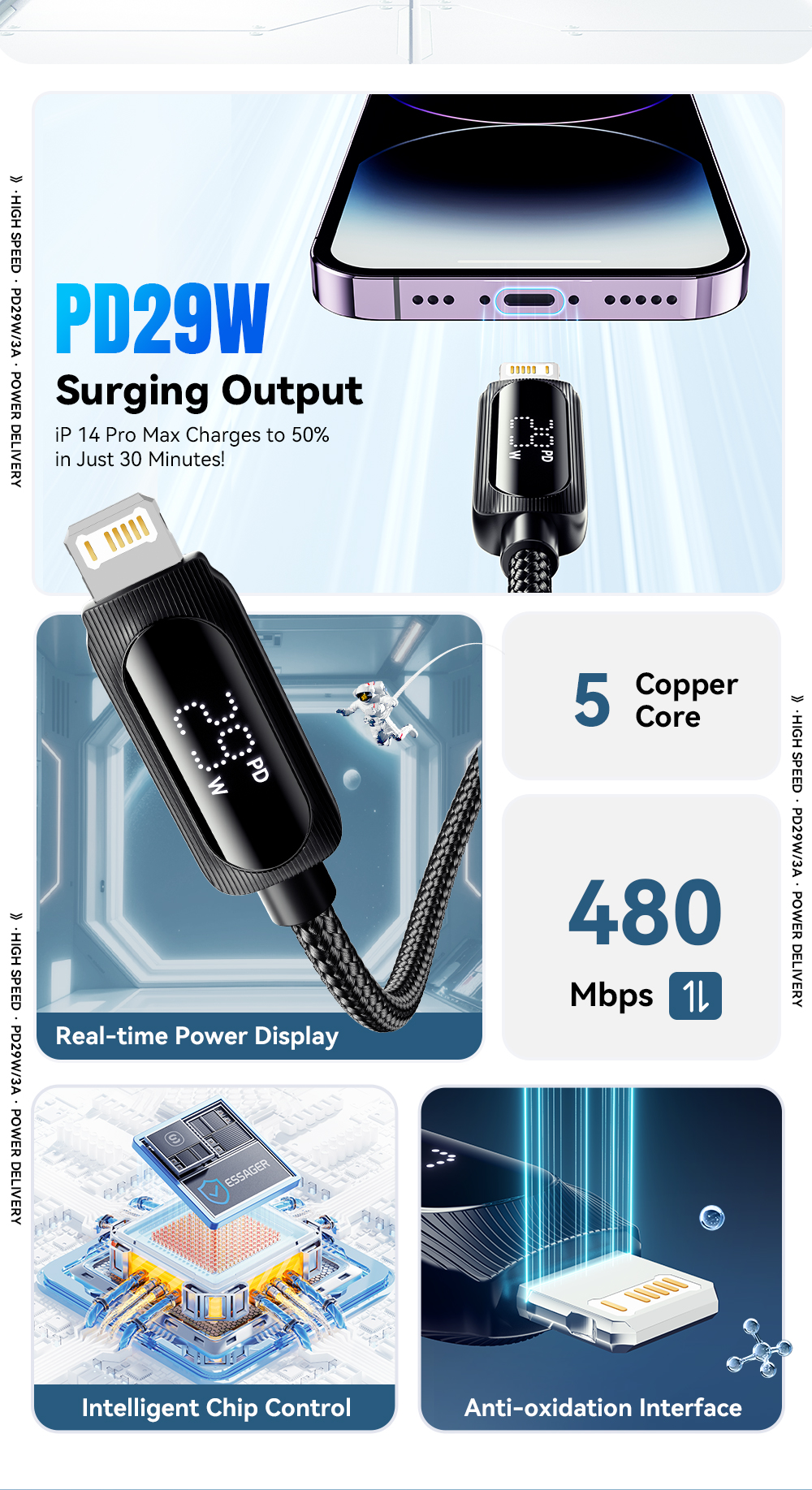 ES-X57 Series USB C To L Lighting Charging Cord 29W For IOS / Earphone