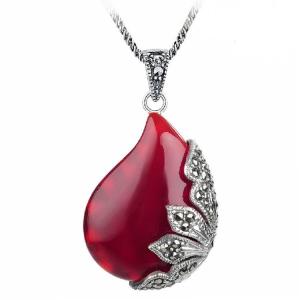  Vintage Jewelry 925 Silver Red Agate Marcasite Drop Pendant Necklace 18 Inches (JA1674RED) Manufactures