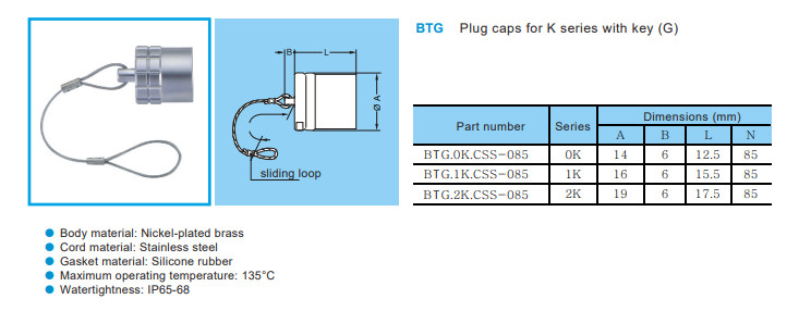 1K Plug Power Cable Assembly Silver Dust Caps IP68 SRD.BTG.1K.100.NAS