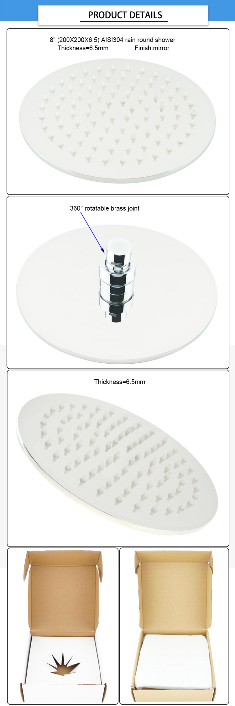 Mirro Finish AISI304 8'' Bathroom Rain Shower Head