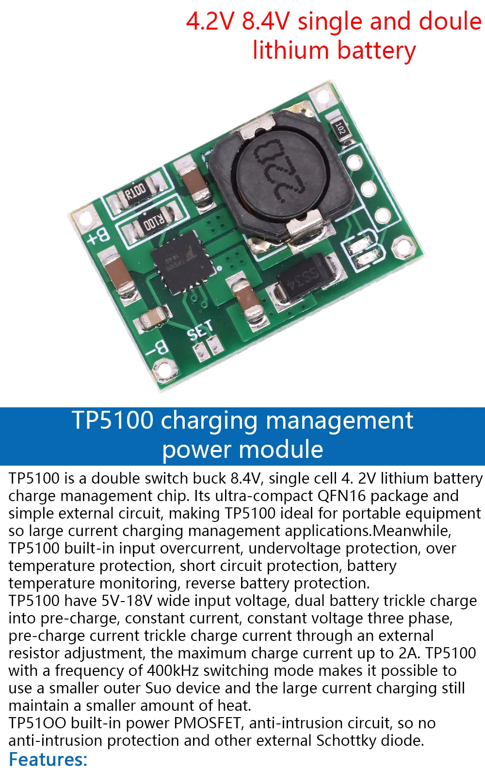 TP5100 TP5000 Charging Management Power Supply Module Board 18650 1A 2A 5V Compatible With 4.2V 8.4V 1S 2S Lithium Batteries