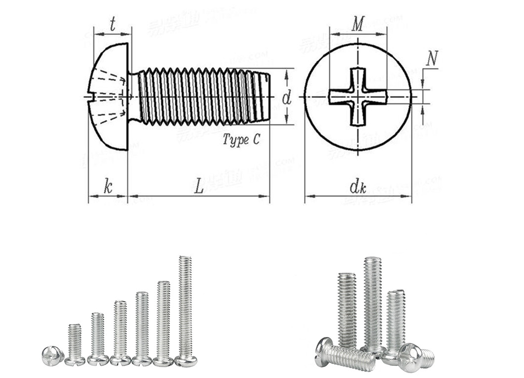 M3 - M12 Machine Stainless Steel Screws 1 Inch Pan Head Cross Screw Type H