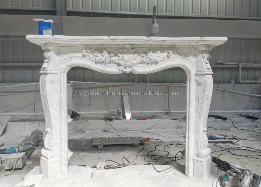 Villa Modern Design Carved Italian Arabescato Corchia White Marble Fireplace Customized