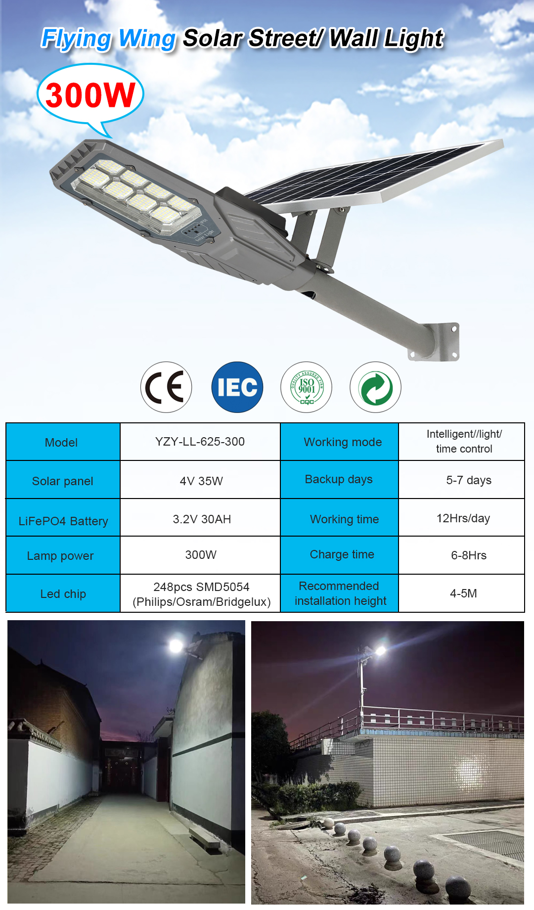 300W Flying Wing Solar Street Light 12hrs Working Time for Theme Park Illumination