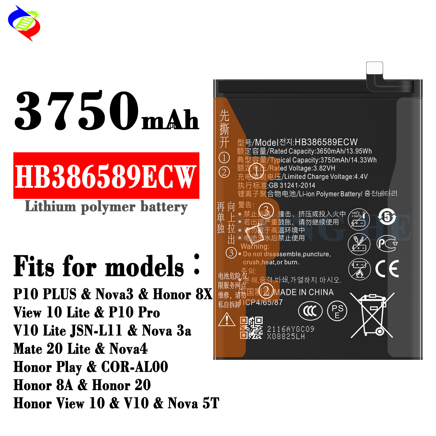 Mobile Phone Battery HB386589ECW for HuaWei P10 /NOVA3/NOVA4/honor20/honor play in Black