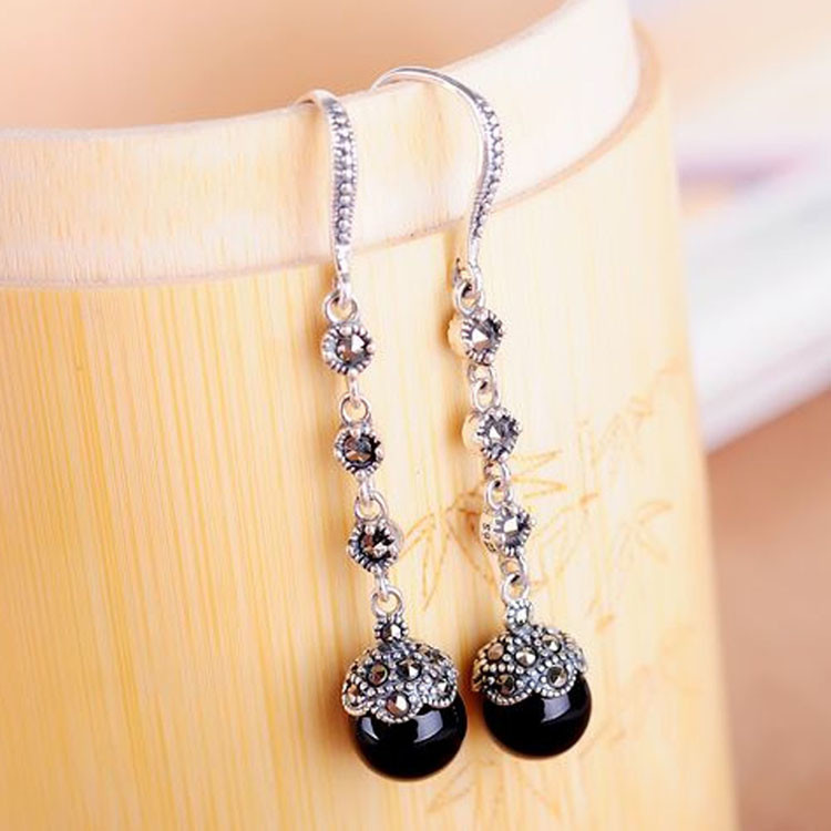 Antique Thai Silver Jewelry Sterling Silver Black Onyx Marcasite Drop Dangle Earring (E12031BLACK)