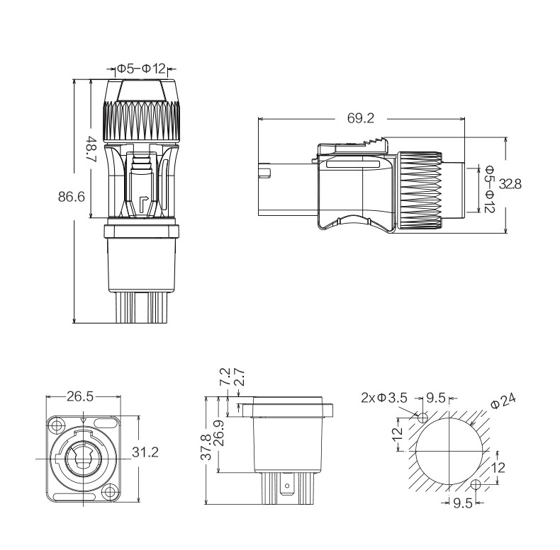 Blue Power Input Male to Female Connector, Panel Mount Connector for Stage Light