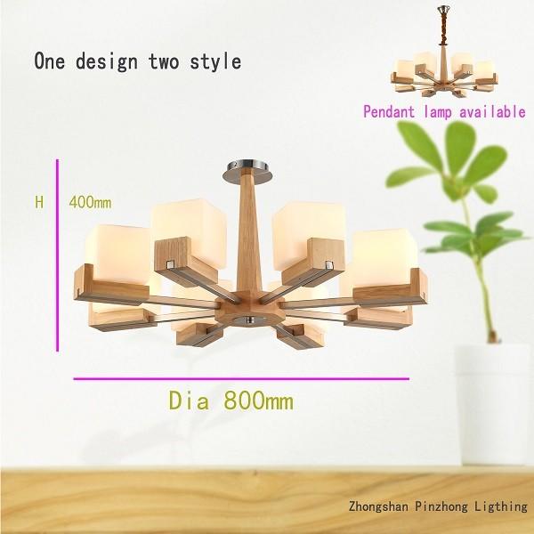 8 arms Oak wood ceiling lamp wood chandelier lighting with glass shade chrome