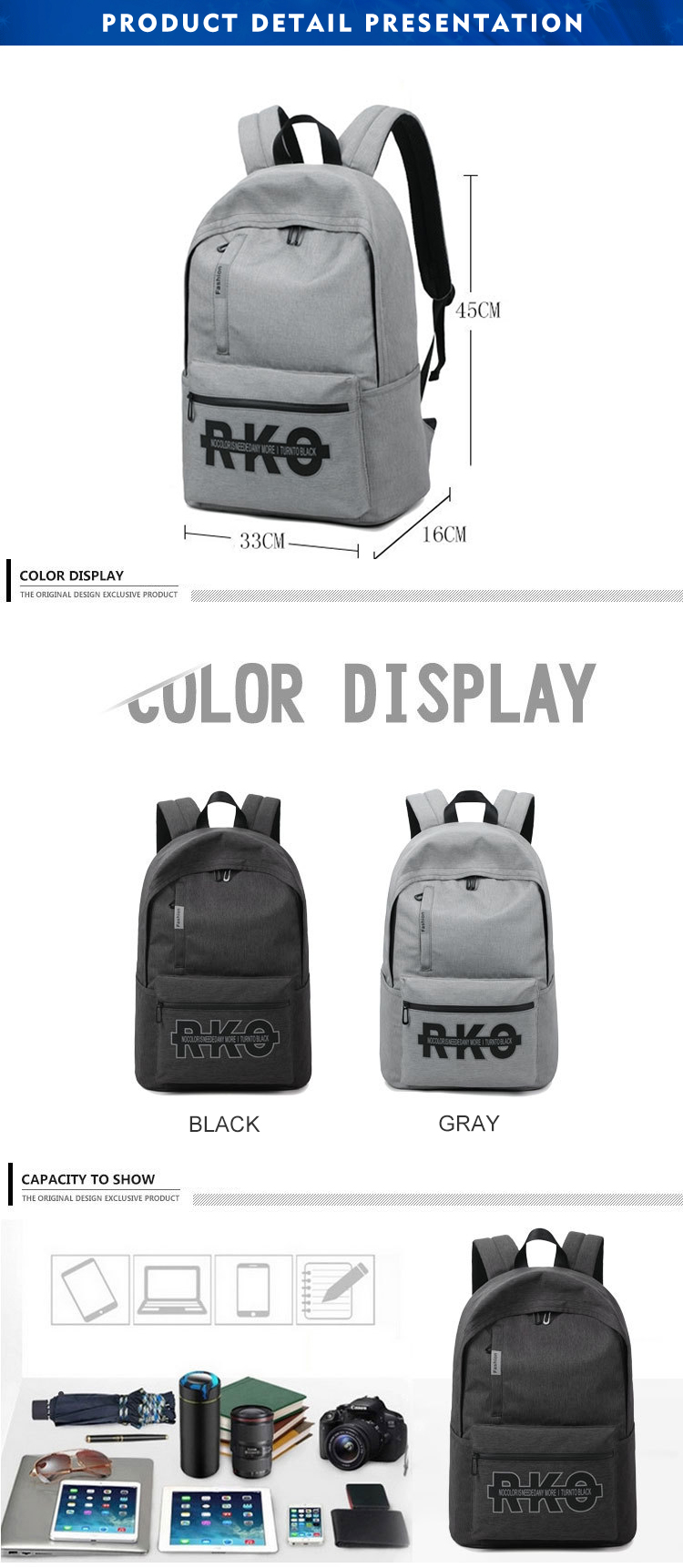 Zipper Closure Student School Backpack 24L Waterproof Laptop Rucksack
