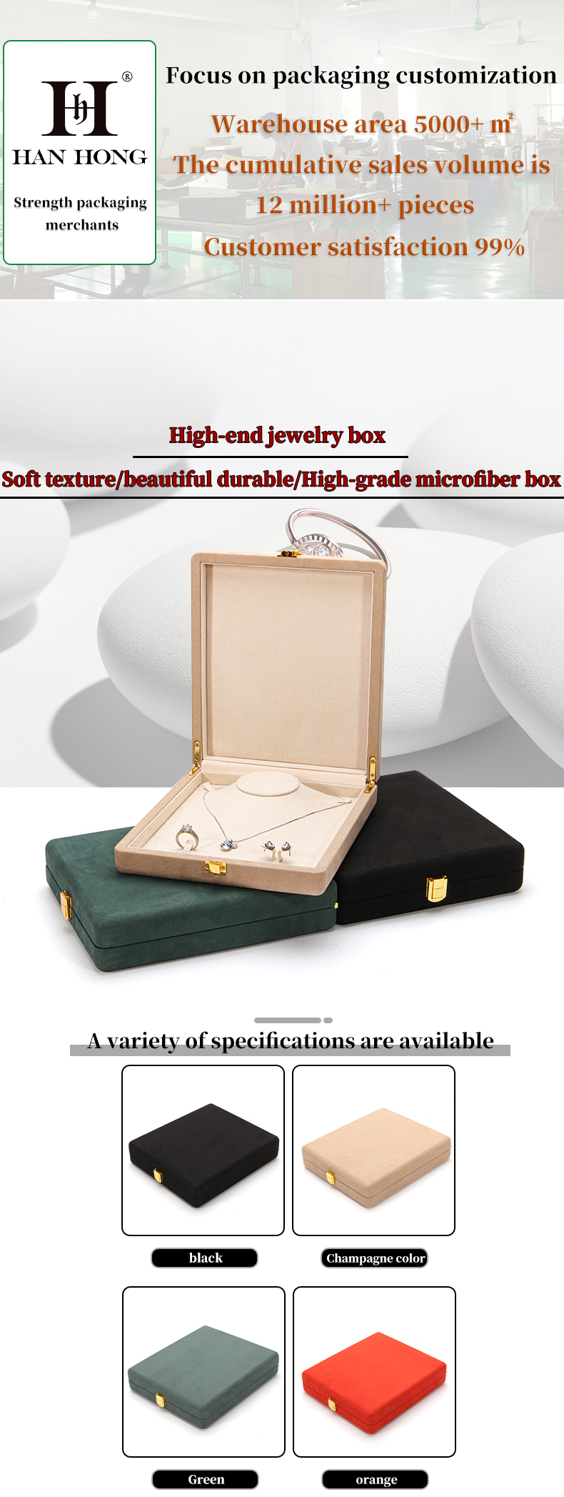 Black Hanhong Custom Rounded Corner Microfiber Leather Ring Jewelry Packaging Box Luxury Set Pearl Necklace Jewelry Storage Box