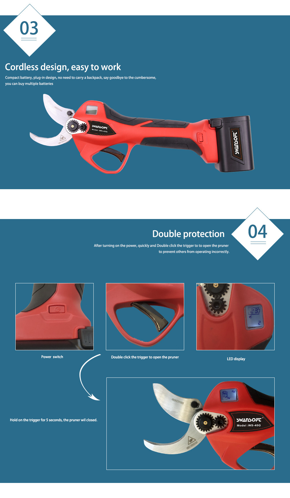 Factory Supply Swansoft 4.0CM Electric Pruner Rechargeable Lithium Battery with LED Display Finger Protection