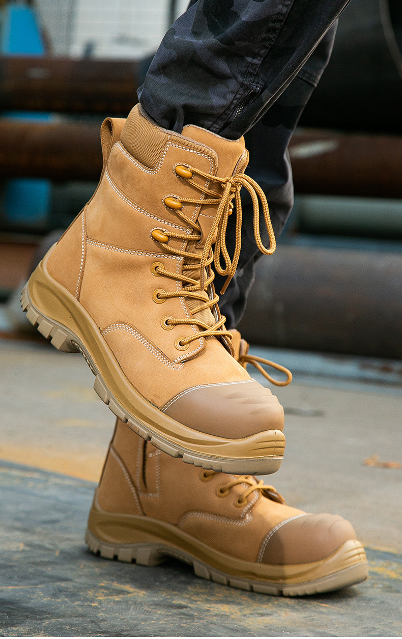 Wheat Cowhide Rubber Sole Glass Fiber Toe Security Guard Work Boots Anti Smashing Kevlar Anti-Proof Work Shoes