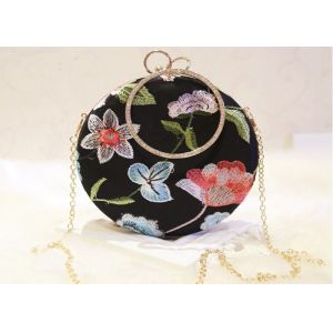 China Ladies Round Shape Black Embroidered Evening Bag With Crystal Handle on sale