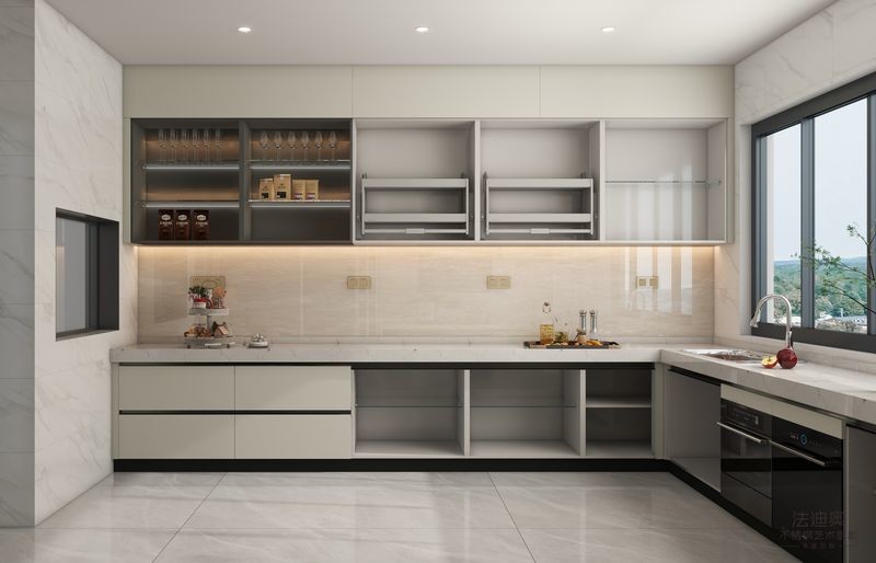Off-White Stainless Steel U-Shaped Kitchen Cabinet With Seamlessly Integrated Design
