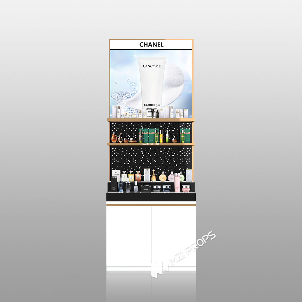 TJiS-B2 Shiny Silver Wallpaper Skincare Display Cabinet with 40mm Light Box