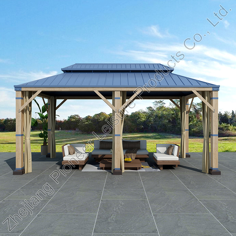 Hardtop Gazebo 13x11ft With Wood Posts And Mosquito Netting