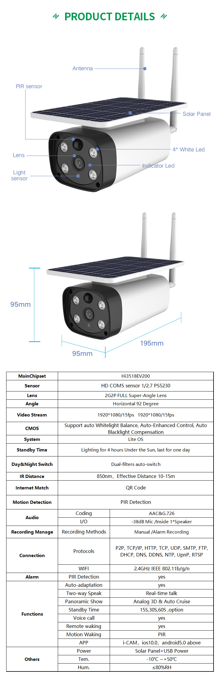 1080P 2MP 4G LTE Low Power Consumption HD Full Color Solar Security Camera