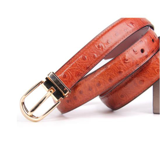 Red 125cm Womens Ostrich Leather Belt With Gold Buckle