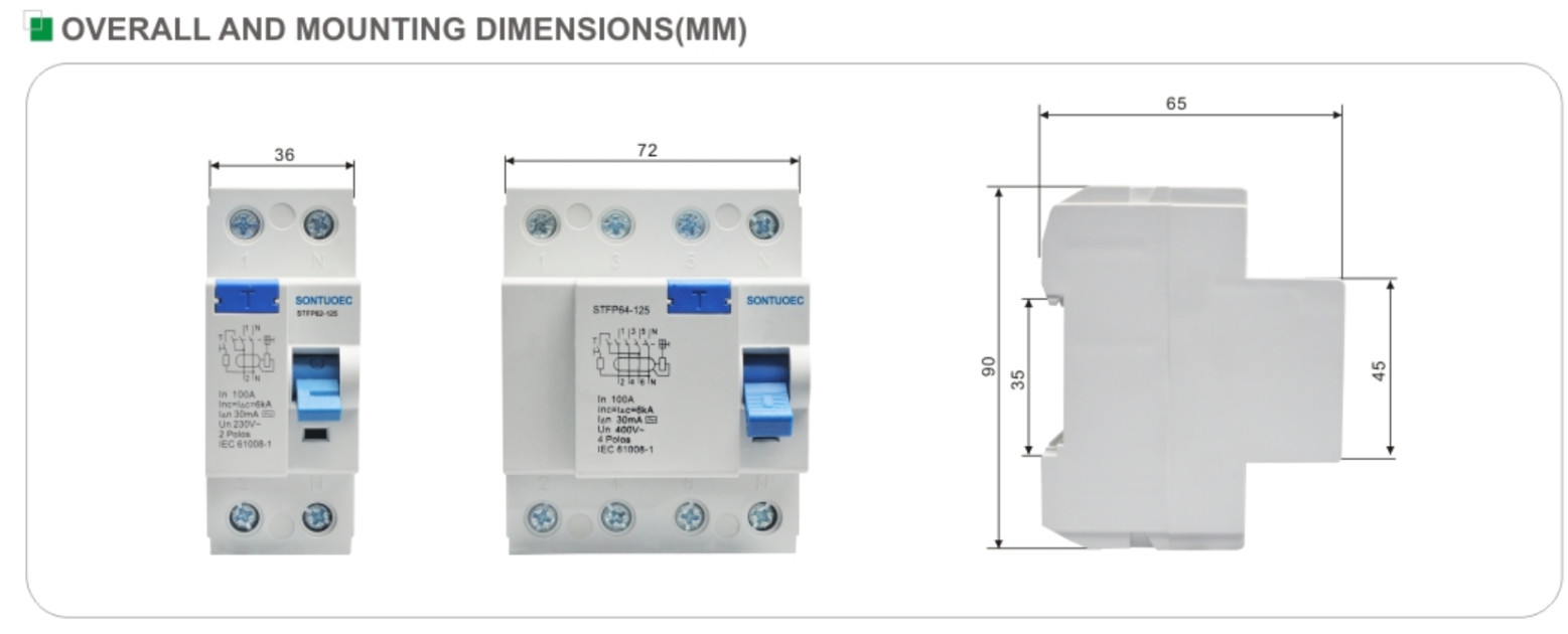 2P 4P 6KA 100 Amp RCCB Circuit Breaker Isolation Switching IEC61008