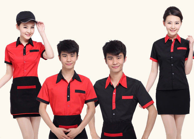 Red And Black Color Restaurant Staff Uniform Cotton New Polo Style For Waitresses