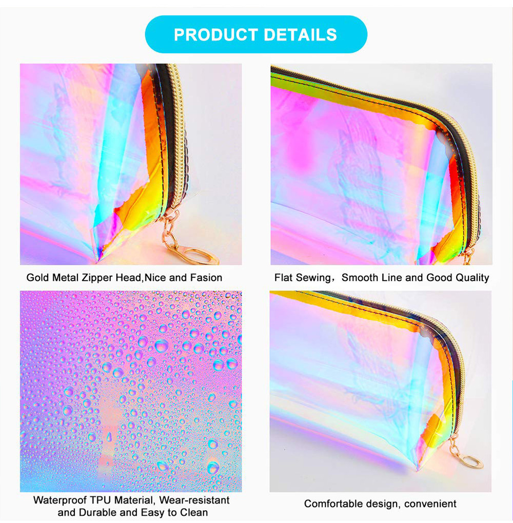 Portable 2pcs Holographic Makeup Bags With Gold Zipper
